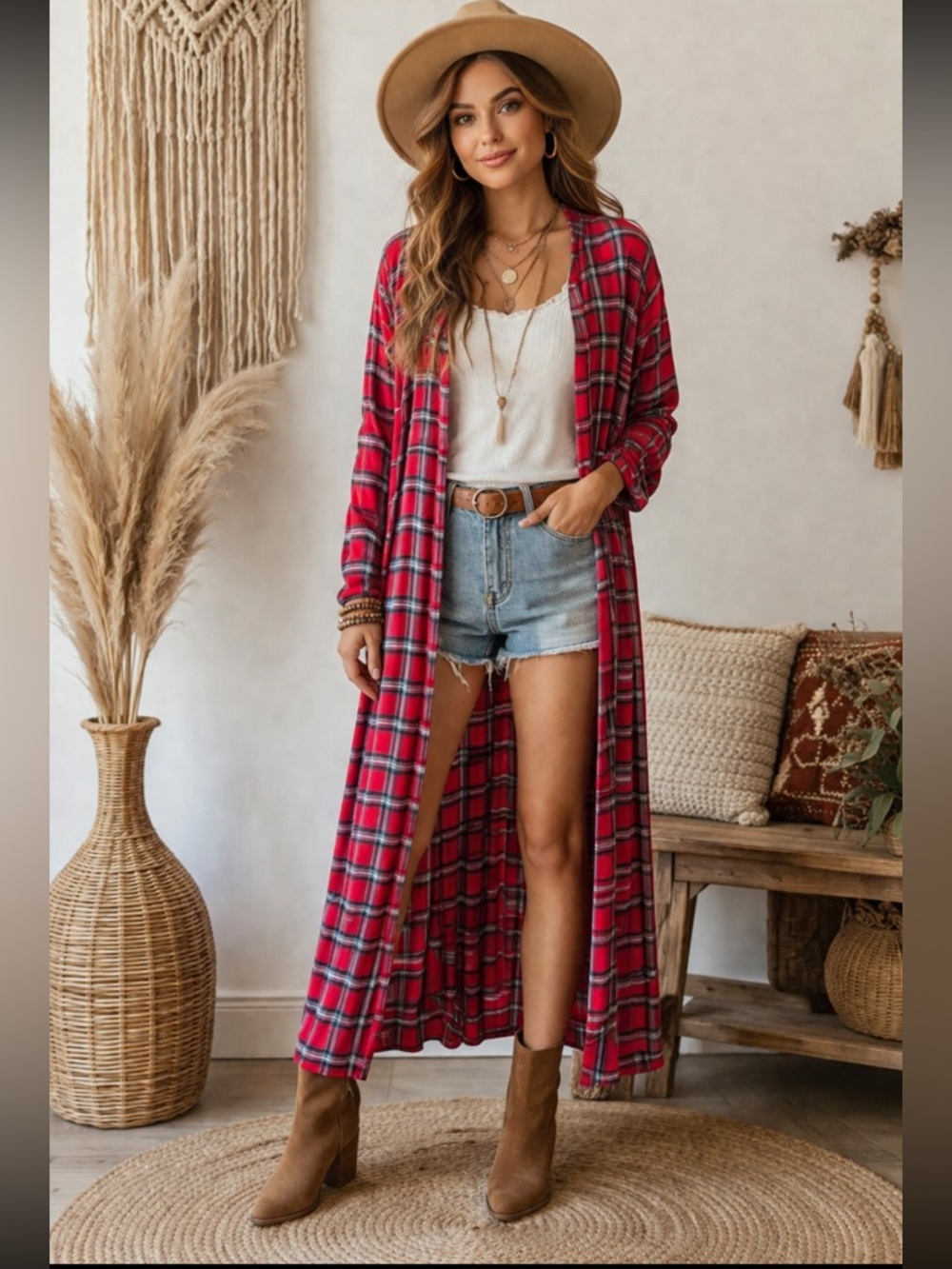 JODIFL Red Plaid Long Open Front Duster